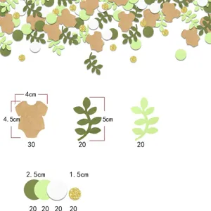 Baby shower party confetti decoration set, mixed paper cutouts with onesie and leaf shapes.