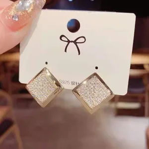 S925 silver needle square paved diamond geometric earrings delicate jewelry detail shot