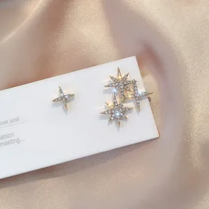 Koreanischer Stil Asymmetrische Achtzackige Stern Ohrstecker Strass Stern Ohrringe 925 Silber Stift Schmuck