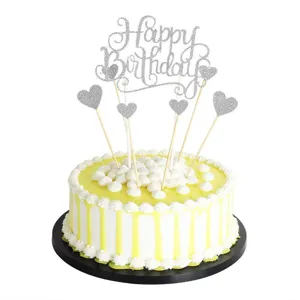 Set de topper para pastel de cumpleaños con purpurina plateada y corazones para fiesta.