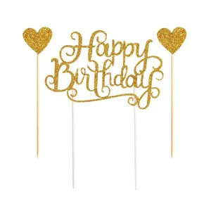 Set de topper para pastel Happy Birthday brillo dorado con corazones para fiesta.