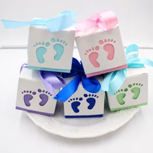 European Hollow Out Baby Footprint Paper Candy Box With Ribbon Bowknot Gift Treat Box For Kids Birthday Baby Shower Wedding Party Favors Box