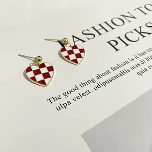 Red and white checkerboard heart stud earrings for women chic aesthetic minimalist jewelry
