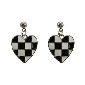 Black and white checkerboard heart earrings, minimalist geometric alloy fashion jewelry for women