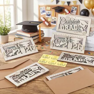 Wooden graduation money holder 2026 detail scene showcasing greeting card craftsmanship.