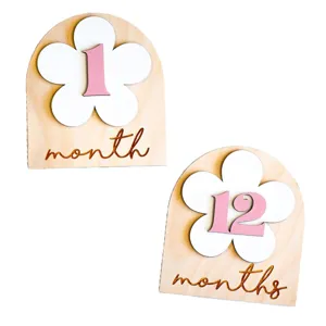 Wooden baby monthly milestone cards set, arch floral newborn photography props decor.