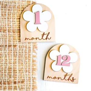 Wooden baby milestone cards monthly newborn photography props wooden flower number decor