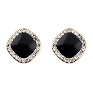 Elegante vierkante zwarte oorbellen met glitterende strass-steentjes en een goudkleurige rand.