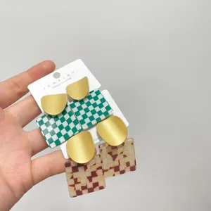 Korean style geometric checkerboard acrylic earrings with matte gold design for women chic