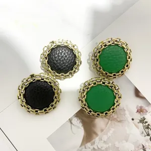 Vintage metal chain leather round stud earrings, chic black and green retro jewelry.
