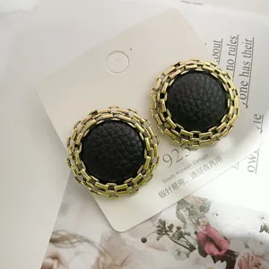 Vintage black leather gold chain circle stud earrings with 925 silver needles for women fashion