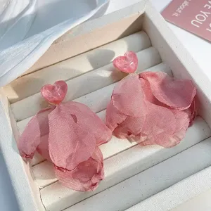 Chiffon flower drop earrings with pink heart top, elegant statement jewelry for women.
