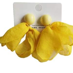 Elegant yellow fabric petal earrings with round stud design for women summer fashion style.