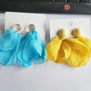 Blue and yellow chiffon petal earrings, elegant fabric flower drop earrings for women.
