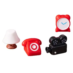 Miniature dollhouse accessories set, retro camera phone lamp clock for DIY decor crafts.