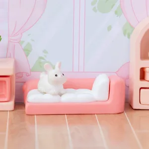 Dollhouse miniature pink sofa and cute white rabbit figurine set for creative DIY decor