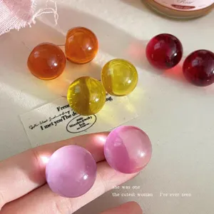 Retro candy color round resin stud earrings for women, niche design minimalist trendy jewelry.