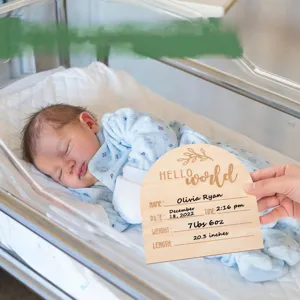 Panneau d'annonce de nouveau-né en bois Hello World plaque de jalon accessoire photo