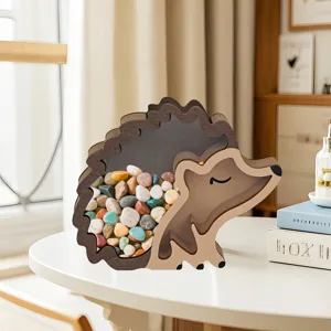 Wooden Piggy Bank Solid Wood Hedgehog Coin Box Transparent Window Animal Shape Money Saving Jar Kids Room Decor