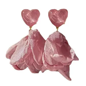 Chic pink chiffon flower drop earrings, fairy style statement heart dangle jewelry for women.