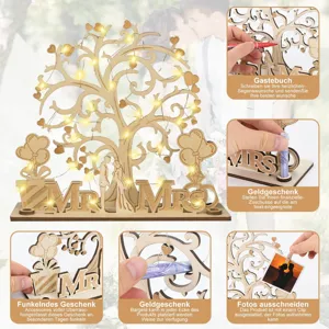 Hölzernes Mr & Mrs Hochzeits-Gästebuch Geldbaum Tischaufsatz mit LED-Lichtern und Fotoclips