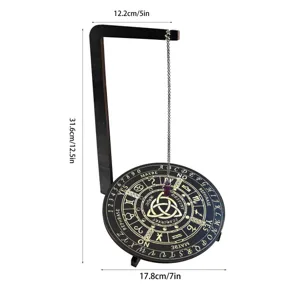 Planche de pendule en bois avec pendule en cristal et support, dimensions détaillées.