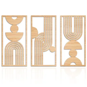 Bohemian wooden wall art set, minimalist geometric abstract hanging decor for home living room.