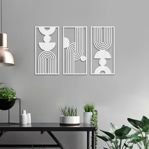 Minimalist abstract geometric wooden wall art set, boho style 3-piece hanging decor for living room.