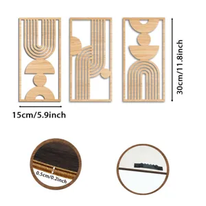 Minimalist bohemian wooden wall art decor 3-piece set geometric hanging sculpture for home.