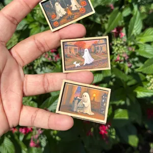 Halloween miniature wooden framed wall art decor, cute ghost dollhouse decoration mini painting