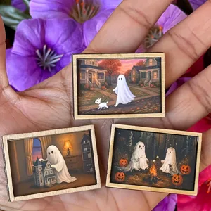 Halloween miniature wood frame art wall decor, tiny ghost dollhouse decoration mini painting set