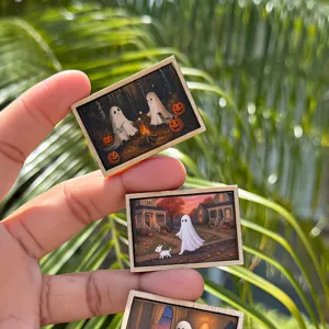 Miniature Halloween ghost wooden framed art decor for dollhouse and wall display details.