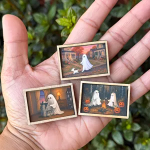 Miniature Halloween ghost wood framed art details, perfect for dollhouse and decor.