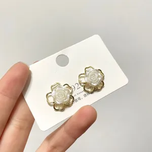 Korean style minimalist white flower pearl earrings 925 silver needle vintage design studs