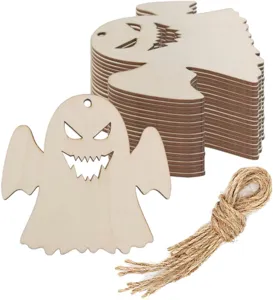 Wooden ghost hanging decoration set with twine for Halloween DIY party crafts details