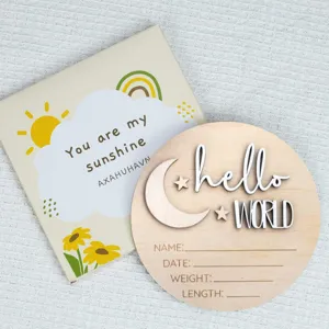 Wooden birth announcement sign newborn baby photo prop round name milestone plaque.