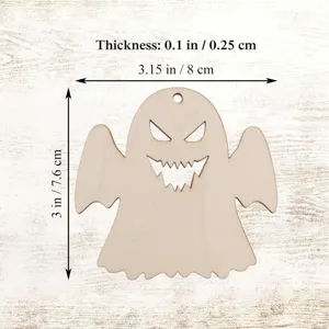 Wooden ghost hanging ornament detail, dimension specs shown clearly for party decor.