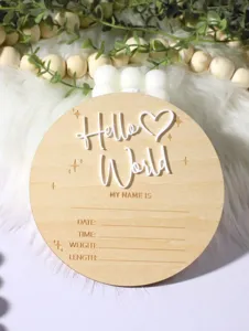Wooden newborn baby milestone announcement sign with 3D hello world text for photography.