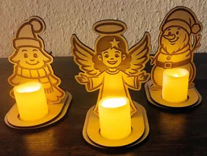 Wooden Christmas candle holder set with LED lights, festive holiday table centerpiece decor.