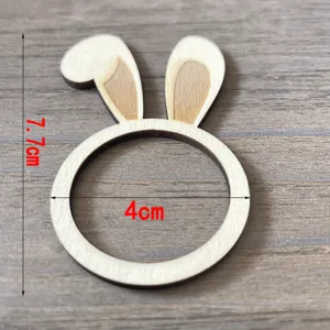 Wooden bunny ear napkin ring detail view, creative Easter table decor, restaurant banquet prop.