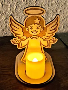 Wooden angel tea light candle holder detail, LED light centerpiece for home decor.