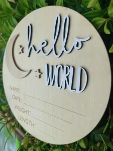 Wooden baby birth announcement plaque with moon and star design, newborn photography prop sign.