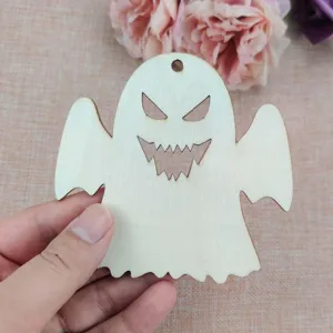 Wooden ghost hanging ornament close-up view, perfect for Halloween party DIY crafts and home decor.
