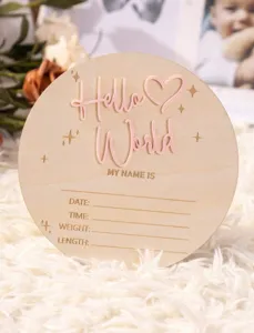 Wooden newborn milestone announcement card, hello world baby sign with acrylic pink letters.