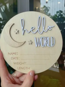 Wooden hello world newborn birth announcement plaque, baby milestone photo prop sign.