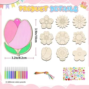 Ensemble d'artisanat de peinture de fleurs en bois DIY pour enfants avec 12 crayons