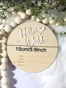 Wooden hello world newborn milestone plaque announcement card with baby stats for photography props.