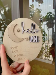 Wooden newborn birth announcement sign with moon star and hello world for baby photo props