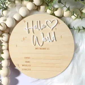Wooden Newborn Milestone Announcement Card Hello World Baby Birth Record Sign Round Wooden Nursery Decor Photography Prop