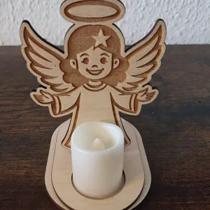 Wooden angel candle holder with LED tea light, perfect for home tabletop Christmas decor.